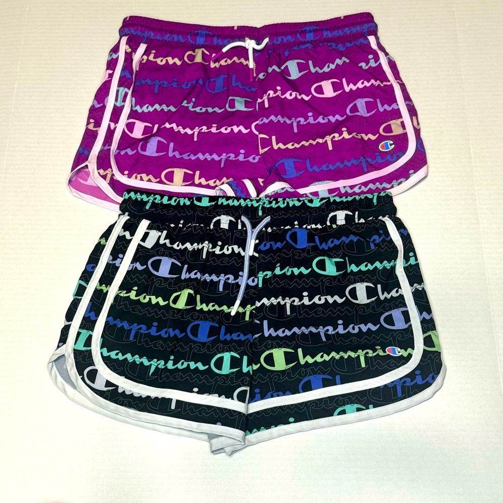 Champion shorts set of 2 girls 14-16 black purple with all over logo print lined